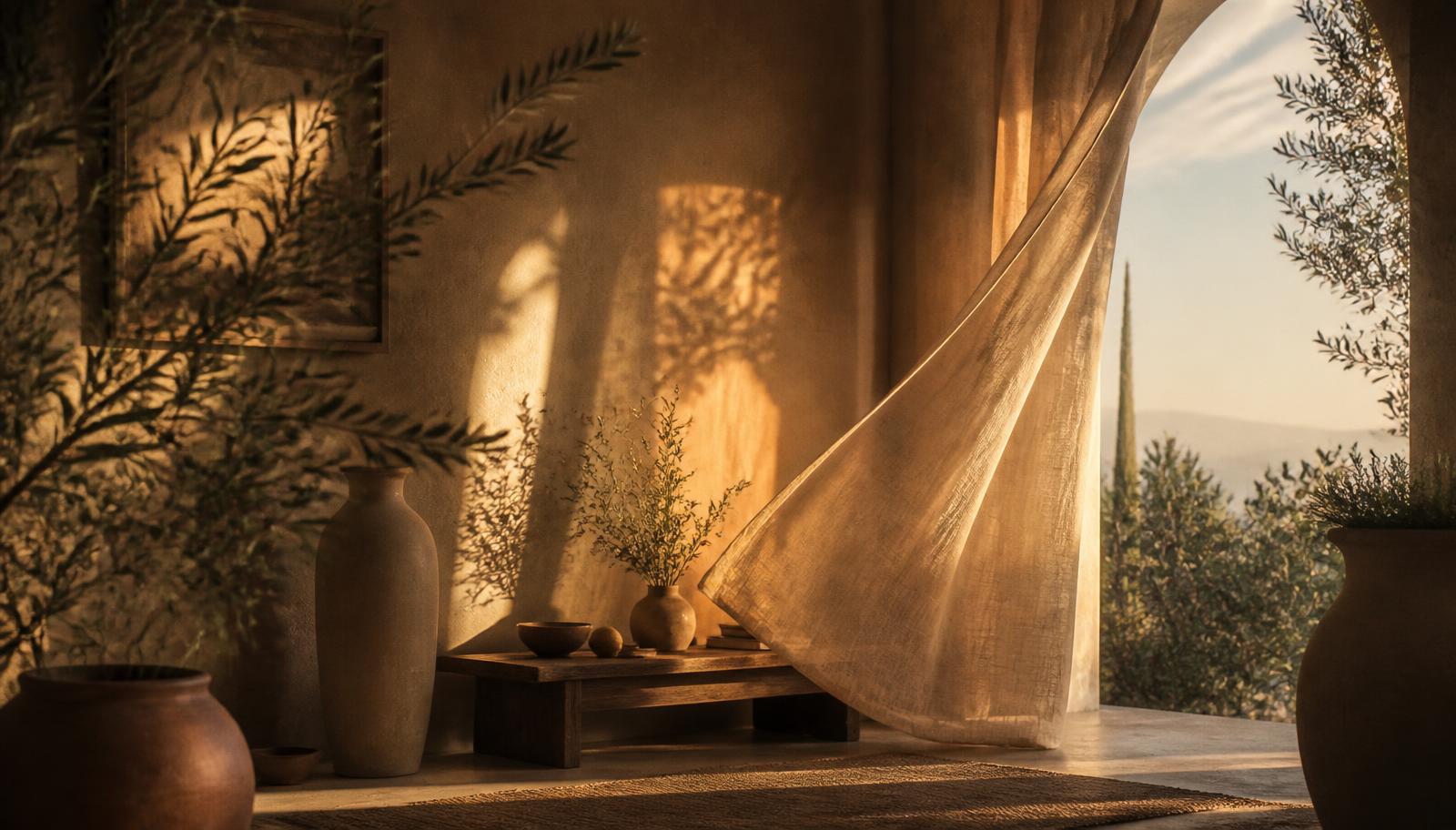 Ambiente sereno com folhagens e luz do fim de tarde
