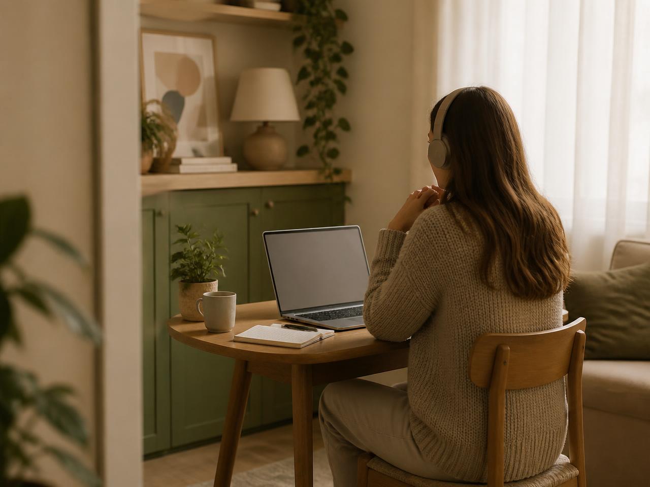 Mulher em sessão online no conforto de casa, com notebook e caneca sobre a mesa